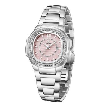 Imagem de Relógio Feminino Quadrado Com Strass Pulseira Em Aço Inoxidavel Impermeavel Rosa