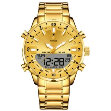 Imagem de Relógio Masculino De Quartzo Digital Display Duplo Pulseira Em Aço Inoxidavel Impermeável Dourado