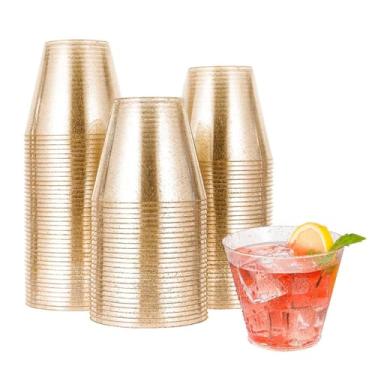 Imagem de Pacote com 25 copos de festa descartáveis com glitter dourado, copos de coquetel de plástico rígido para casamento, aniversário, festas de fim de ano, utensílios decorativos elegantes para celebrações