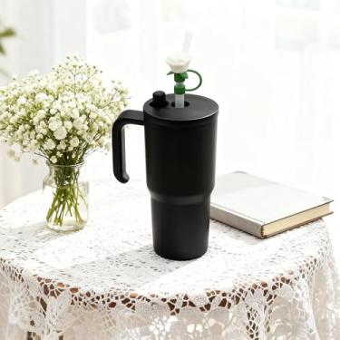 Imagem de Cobertura de palha rosa 3D de silicone, tampa decorativa para tampa de copo, acessório de bebida à prova de poeira para copos, utensílios de bebida (WHT, canudo aleatório)