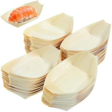 Imagem de Kichvoe 100 peças de pratos descartáveis para barco de sushi: Bandeja de sushi de madeira natural para servir lanches, aperitivos, sobremesas, uso doméstico em restaurante, 14,5 x 3,35 x 3,57