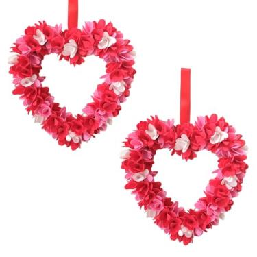 Imagem de Bibelot Guirlanda de dia dos namorados, guirlanda de coração para porta da frente com flores vermelhas e rosa brancas, formato de coração floral de espuma de 35,5 cm, formato de coração para presente
