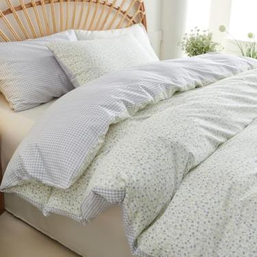 Imagem de CCoutueChen Conjunto de capa de edredom queen azul guingão, 3 peças, 100% algodão, floral, azul, casa de fazenda, xadrez, macio, respirável, conjunto de capa de edredom com 2 fronhas (sem edredom)