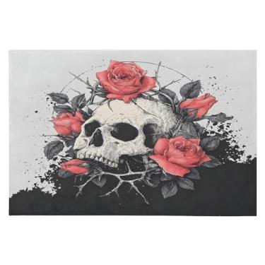 Imagem de CEBUGI Tapete de área 60 x 90 cm macio lavável tapete antiderrapante com suporte de borracha caveira rosas tapetes de área para sala de estar, quarto, decoração de casa