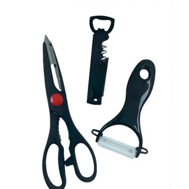 Imagem de Kit de Utensílios de Cozinha 3 Peças, Tesoura, Descascador e Saca Rolhas, Aço Inox e ABS, Preto, 21cm