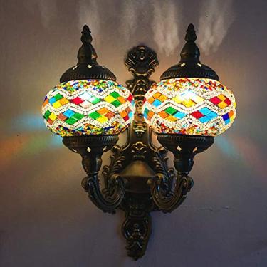 Imagem de Luminária de parede turca de mosaico com 2 braços, arandela marroquina, luminária de parede boêmia de vidro para cabeceira, ideal para sala de estar, quarto, corredor, varanda, café ou bar.