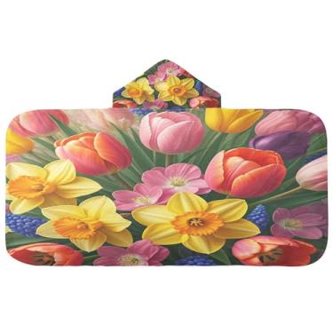 Imagem de Burbuja Toalha de banho com capuz de flores de primavera para crianças, toalha de praia de pelúcia macia absorvente para chá de meninas e meninos 3-10 anos, 61 x 127 cm