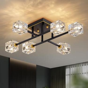 Imagem de Luminária de Teto Moderna Preto e Dourado com Cristal K9, Lustre Semi Embutido Estilo Sputnik com 6 Luzes para Sala de Estar e Corredor, Soquete G9 (Máx. 40W, Lâmpadas Não Inclusas)