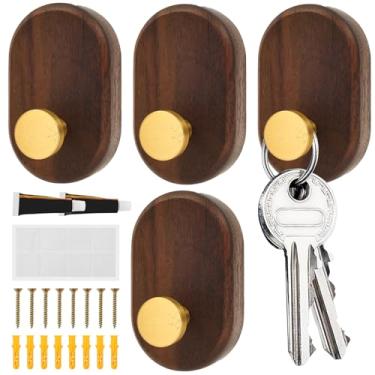 Imagem de HJJWNDDNG Pacote com 4 ganchos de madeira, suporte de parede, cabide de madeira moderno com detalhes em marrom escuro para pendurar roupas, chaveiro, roupão, toalha, mochila, gancho de parede único