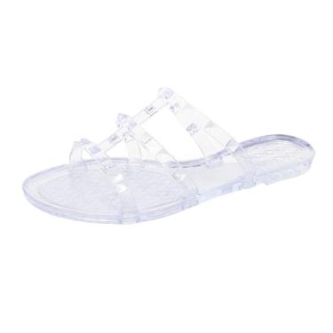 Imagem de OMGard Sandálias rasteiras femininas, sapatos cravejados de gelatina tamanho 9 vermelho elegante verão praia rebites tiras geleias deslizantes nos dedos abertos, Plástico transparente cravejado, 9.5