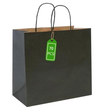 Imagem de PAICUIKE 70 sacos de papel pretos grandes com alças, sacos de presente para negócios, compras, festa, casamento e aniversário | Sacos Kraft marrom natural para varejo, mercadorias e eventos