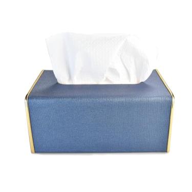 Imagem de Capa de caixa de lenços de couro PU, suporte retangular para lenços decorativos, suporte de lenços de papel para casa, escritório, carro, com fundo magnético, organizador de lenços faciais (azul)