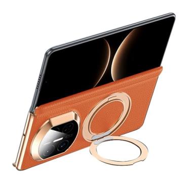 Imagem de POYUFRG Capa de couro genuíno para Huawei Mate X7, capa galvanizada com proteção de dobradiça de lente com tudo incluído, capa com suporte de anel magnético, laranja, Mate X7