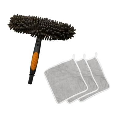 Imagem de Kit de limpeza de 4 peças, escova de vidro marrom dupla face 2 em 1 e 3 toalhas absorventes ferramenta de limpeza de carro e casa, raspador de rodo de banheiro seguro para vidro, azulejos, superfícies