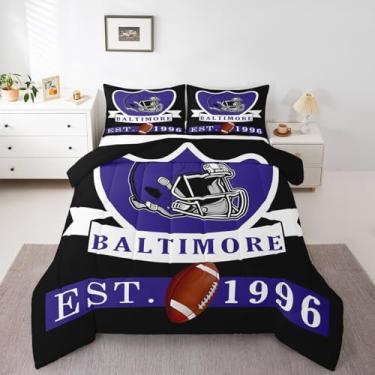 Imagem de Erosebridal Conjunto de cama solteiro Baltimore para decoração de quarto de futebol americano, 2 peças, inclui 1 edredom e 1 fronha para presentes para fãs de esportes