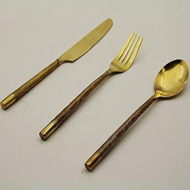 Imagem de Utensílios de mesa de latão puro, colher de comida ocidental de latão, garfo de comida ocidental, facas de comida ocidental, talheres de latão (1 conjunto)