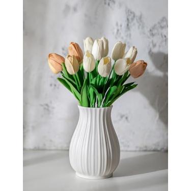 Imagem de NUPTIO Vaso de flores de cerâmica para buquê: vasos brancos de 16 cm de altura para decoração de casa - Mesa decorativa moderna para decoração de sala de estar, sala de jantar, cozinha
