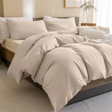Imagem de Sanracie Conjunto de edredom Queen, algodão pré-lavado, bege, cáqui, 3 peças, extra macio, respirável, conjunto de edredom para todas as estações