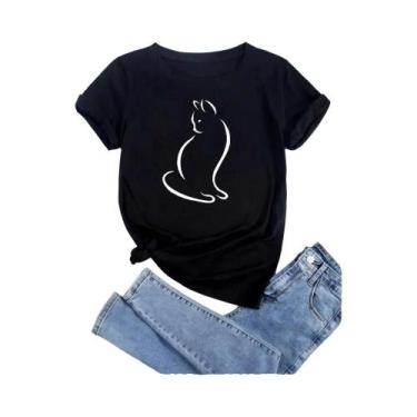 Imagem de Camiseta Feminina De Verão Com Estampa De Gato, Design De Cartoon Fash