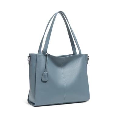 Imagem de Bolsa feminina de couro legítimo, bolsa de trabalho grande com compartimentos com zíper, bolsa de ombro clássica para viagens, Azul, Large