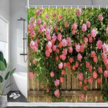 Imagem de Cortinas de chuveiro de flores rosas rústicas primavera plantas florais cerca de madeira jardim pendurar na parede poliéster casa banheiro decoração ganchos 83x63in-210x160 cm/LxA cortinas de chuveiro