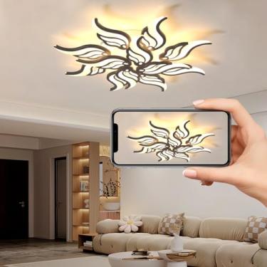 Imagem de Luminária de teto LED com design criativo de flor, dimerizável com controle remoto, moderna para sala de estar, quarto, sala de jantar e escritório (preta, 12 lâmpadas).