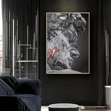 Imagem de 1 peça de impressão de arte em tela sem moldura de paródia de David de Michelangelo - Decoração de parede cinza moderna com grafite e detalhes de coração para sala de estar, quarto. (Observação: sem