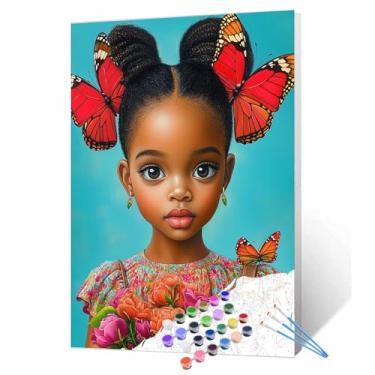 Imagem de Tucocoo Pintura de retrato de menina negra por números para adultos linda borboleta e flores DIY pintura por número tinta acrílica em tela kits de pintura colorida arte decoração de parede para casa