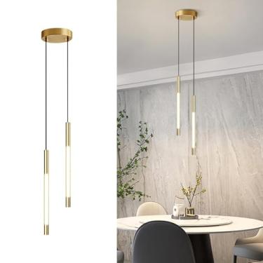 Imagem de Luminária pendente tubular longa com 2 lâmpadas, luminária suspensa com estrutura metálica canelada e cúpula de acrílico, luminárias de suspensão lineares douradas, lustre LED moderno - 20W