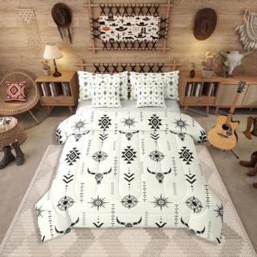 Imagem de Jogo de cama queen rústico de caveira de touro, 7 peças, cama asteca étnica ocidental asteca em uma bolsa, conjunto de cama de diamante geométrico, inclui edredom, conjunto de lençol, fronhas e