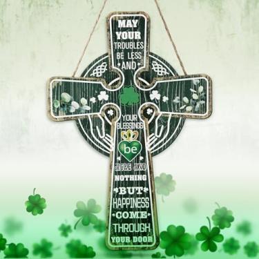 Imagem de AceOrbit Decoração de placa de porta da frente do dia de São Patrício, cruz verde, cabide de boas-vindas de madeira com bênção irlandesa para férias irlandesas, ambientes internos e externos, varanda