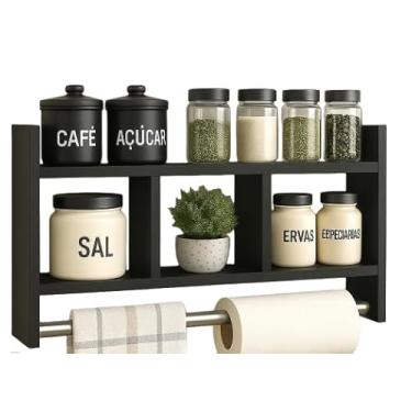 Imagem de Nicho Porta Papel Toalha e Condimentos Potes Cozinha Banheiro 100% MDF BRANCO TX 15mm Tubo Metal Montado(Preto)