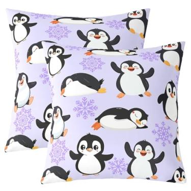 Imagem de Conjunto de 2 capas de almofada Kawaii Pinguins 40,6 x 40,6 cm para sofá-cama, capas de almofada de animais da Antártica fofa, capas de almofada roxas com flocos de neve, fronhas quadradas decorativas