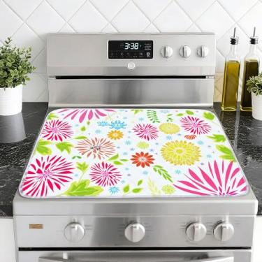 Imagem de TOHONGADON Capa superior de fogão de vidro, capa superior de fogão de 71 cm x 50 cm para fogão elétrico, protetor de fogão de vidro para tapetes de bancada de cerâmica resistente ao calor, rosa