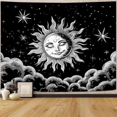 Imagem de FENDROM Tapeçaria hippe boho sol e lua, tapeçarias coloridas tripy, estética mística, sol ardente, lua, cobertor para pendurar na parede para quarto, sala de estar, dormitório