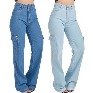 Imagem de Kit 2 Calças Jeans HNO Jeans Wide Leg Cargo Hot Pant Bolso Lateral Azu