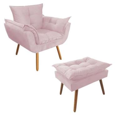 Imagem de Combo Poltrona Decorativa Opalla Mais Puff Pés Palito Suede Rosê - DS 