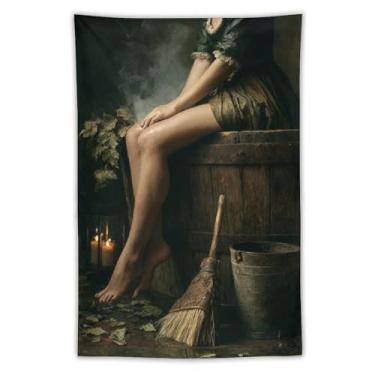 Imagem de Tapeçaria mística vintage mulher em barril vassoura lanterna folhas caídas decoração de parede assustadora sala de estar quarto decoração de casa ornamento exclusivo têxtil pendurado tapeçaria 102 x