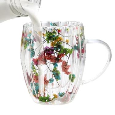 Imagem de Copos de vidro de flores secas, flores secas caneca de café,Xícara de café transparente de parede dupla 300ml com alça | Xícara de café expresso para homens e mulheres, canecas de leite para bebidas q