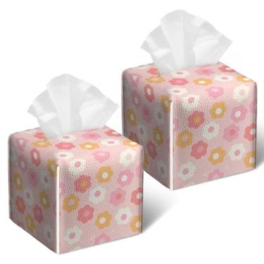 Imagem de Capa de caixa de lenços de tecido de flor rosa retrô, 2 peças, suporte de caixa de lenços de papel facial quadrada para banheiro, quarto, mesa, escritório