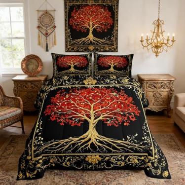 Imagem de Homewish Conjunto de edredom Queen com árvore vermelha, 3 peças, exótico, boêmio, retrô, árvore da vida, para crianças, adolescentes e adultos, flores vintage e plantas em espiral com 2 fronhas