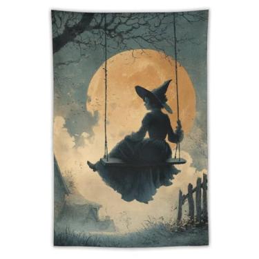 Imagem de Tapeçaria assustadora de Halloween bruxa no balanço laranja lua cheia campo assustador decoração de parede sala de estar quarto decoração de casa exclusivo pendurado têxtil tapeçaria 102 x 152 cm