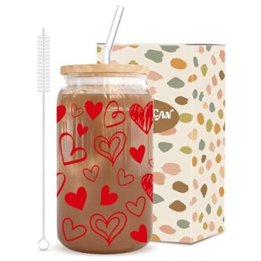 Imagem de Caixa de presente de copo de vidro de coração romântico - Copo com estampa rosa de 473 ml com tampa de bambu, 2 canudos e escova de limpeza - Presente feminino ideal para todas as bebidas