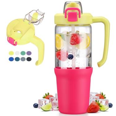 Imagem de HYDRAGLAZIC Copo de vidro de 940 ml com alça, canudo 2 em 1 e bico de gole, à prova de vazamento, garrafa de água de vidro sem BPA para esportes, escritório, escola, rosa brilhante