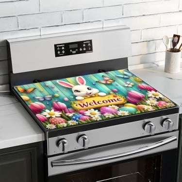 Imagem de BVBOX Capa superior de fogão de Páscoa para fogão elétrico 71 cm x 50 cm almofadas de cobertura superior de fogão decorativo lavável para bancadas de cozinha doméstica (tulipa de coelho, 71 cm C x 51