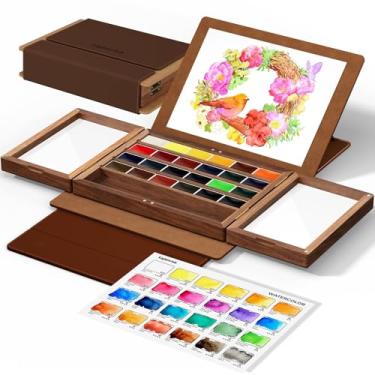 Imagem de Conjunto de tinta aquarela 24 cores vibrantes com paleta de madeira de nogueira, ângulos ajustáveis, bainha de couro, conjunto de paleta de aquarela portátil de viagem para artistas