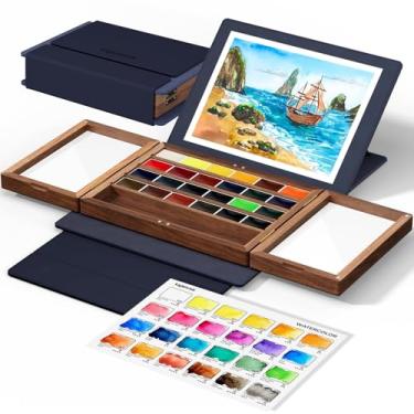 Imagem de Conjunto de tinta aquarela 24 cores vibrantes com paleta de madeira de nogueira, ângulos ajustáveis, bainha de couro, conjunto de paleta de aquarela portátil de viagem para artistas