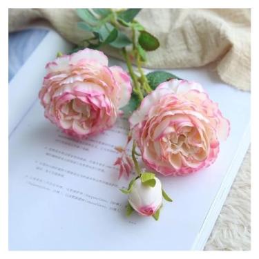 Imagem de KEG801302 Buquê de flores falsas simulação de rosas seda artificial 3 cabeças peônia buquê de noiva arranjo de flores rosa festa casa decoração de casamento (branco rosa)