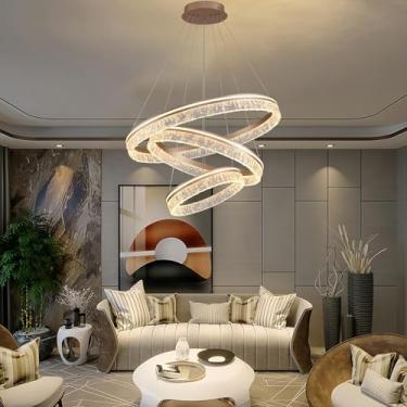 Imagem de Lustre moderno em formato de anel, com acabamento em acrílico escovado, ideal para sala de jantar. Luminária de teto redonda para sala de estar e quarto. LED dimerizável com controle remoto.