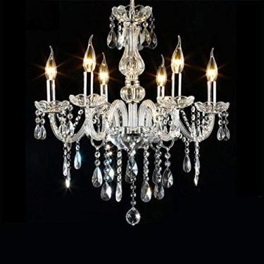 Imagem de Lustre de cristal K9 com iluminação LED, 60 cm de diâmetro, 6 braços, 15 prismas de acabamento, lustre de cristal LED para teto, luminária pendente para sala de estar e sala de jantar.